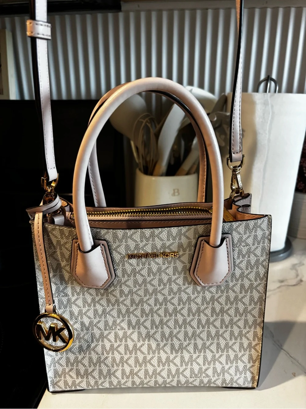 Michael Kors Beige Signature MK Satchel with Pale Pink Trim